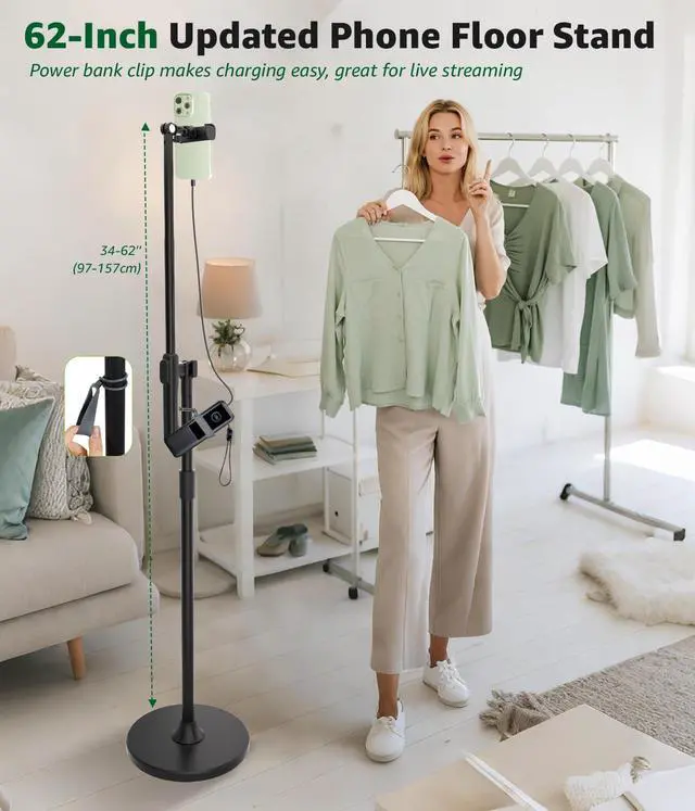 Alt view image 5 of 7 - Overhead Phone Mount for Video Recording, Tall Floor Stand with Bluetooth Remote, 360° Extendable Boom Arm Tripod for Live Streaming, Art, Cooking - Fits iPhone 17 16 15 14 13 Android (Not for iPad)
