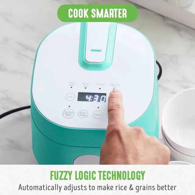 Alt view image 2 of 5 - Digital Rice Cooker, 2-Cups Uncooked/4-Cups Cooked, Removable Nonstick Ceramic PFAS-Free Pot, One-Touch Presets, Oats, Quinoa, Brown Rice, Auto Keep Warm, Fuzzy Logic Tech, 1.5 QT, Turquoise