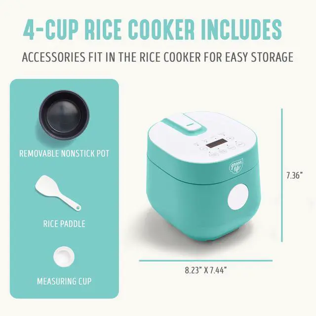 Alt view image 3 of 5 - Digital Rice Cooker, 2-Cups Uncooked/4-Cups Cooked, Removable Nonstick Ceramic PFAS-Free Pot, One-Touch Presets, Oats, Quinoa, Brown Rice, Auto Keep Warm, Fuzzy Logic Tech, 1.5 QT, Turquoise