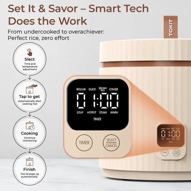 Alt view image 5 of 7 - Rice Cooker Small 3 Cup Uncooked /6 Cup Cooked, Modern Multifunctional Mini Rice Cooker with Display Touch Button for 1-3 People Ceramic Coated Non-Stick Pot 8 Cook Functions - Cooking & Warmer