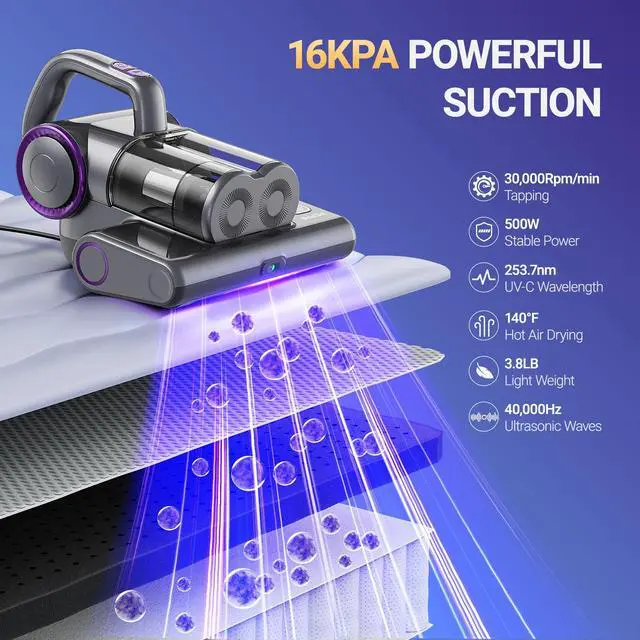 Alt view image 2 of 7 - Mattress Vacuum Cleaner, 16Kpa Bed Vacuum Cleaner with 253.7nm UV-C Light, 140°F Heat, HEPA Filter & Ultrasonic, Versatile Handheld Vacuums for Bed, Sofa, Couch, Crib(Corded, 500W)