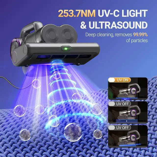Alt view image 3 of 7 - Mattress Vacuum Cleaner, 16Kpa Bed Vacuum Cleaner with 253.7nm UV-C Light, 140°F Heat, HEPA Filter & Ultrasonic, Versatile Handheld Vacuums for Bed, Sofa, Couch, Crib(Corded, 500W)