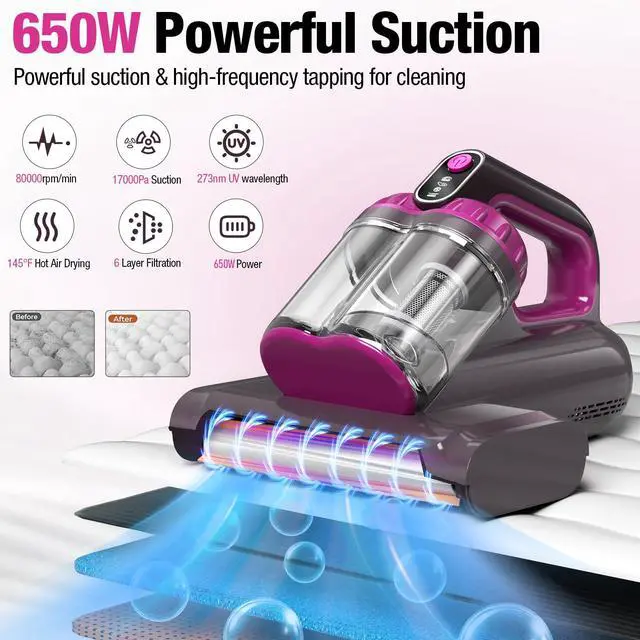 Alt view image 2 of 7 - Mattress Vacuum Cleaner, 17Kpa 650W Bed Vacuum Cleaner, 273nm UV-C Light & Ultrasonic 145°F Heating, 80000 RPM/Min Brushroll Rotation, Wide Suction Port for Pillows Cribs Sofa, Black Corded