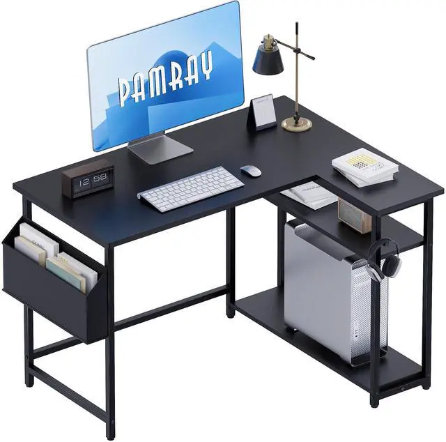 Main image of 40 Inch L Shaped Computer Desk with Reversible Side Storage Shelves, Small Corner Desk for Small Space Home Office, Writing Study Table PC Desk for Bedroom, Black