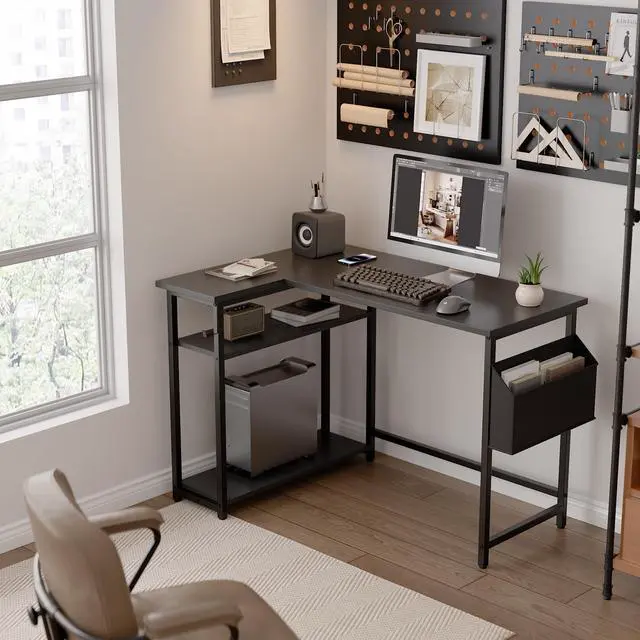 Alt view image 2 of 7 - 40 Inch L Shaped Computer Desk with Reversible Side Storage Shelves, Small Corner Desk for Small Space Home Office, Writing Study Table PC Desk for Bedroom, Black