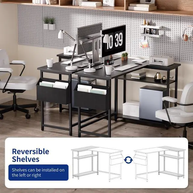 Alt view image 4 of 7 - 40 Inch L Shaped Computer Desk with Reversible Side Storage Shelves, Small Corner Desk for Small Space Home Office, Writing Study Table PC Desk for Bedroom, Black