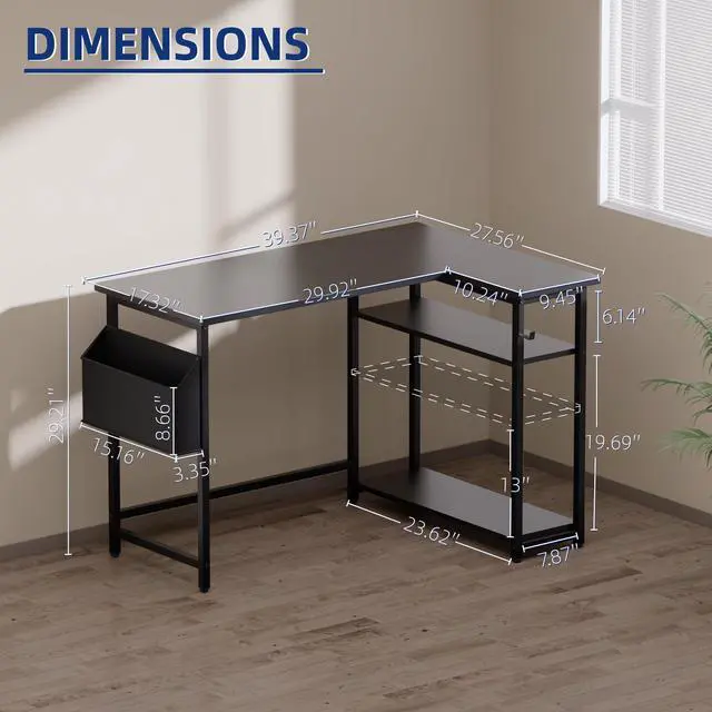 Alt view image 6 of 7 - 40 Inch L Shaped Computer Desk with Reversible Side Storage Shelves, Small Corner Desk for Small Space Home Office, Writing Study Table PC Desk for Bedroom, Black