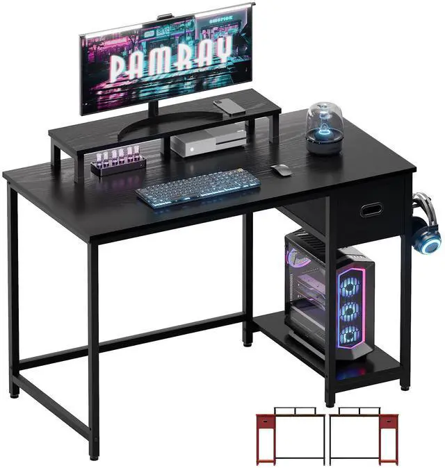 Main image of 39 Inch Computer Desk with Monitor Stand Small Home Office Desks with Non-Woven Storage Drawer for Bedroom Study Table Writing and Work Desk Black