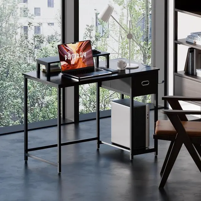 Alt view image 2 of 5 - 39 Inch Computer Desk with Monitor Stand Small Home Office Desks with Non-Woven Storage Drawer for Bedroom Study Table Writing and Work Desk Black