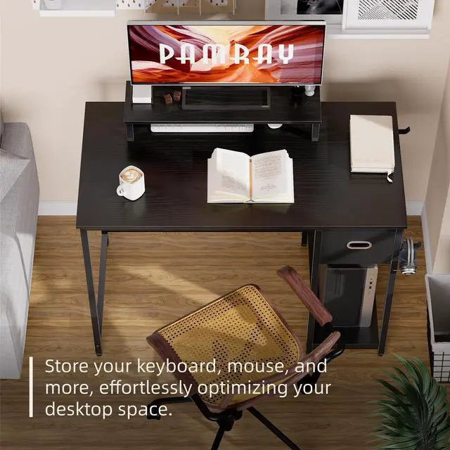 Alt view image 3 of 5 - 39 Inch Computer Desk with Monitor Stand Small Home Office Desks with Non-Woven Storage Drawer for Bedroom Study Table Writing and Work Desk Black