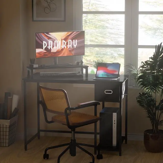 Alt view image 4 of 5 - 39 Inch Computer Desk with Monitor Stand Small Home Office Desks with Non-Woven Storage Drawer for Bedroom Study Table Writing and Work Desk Black