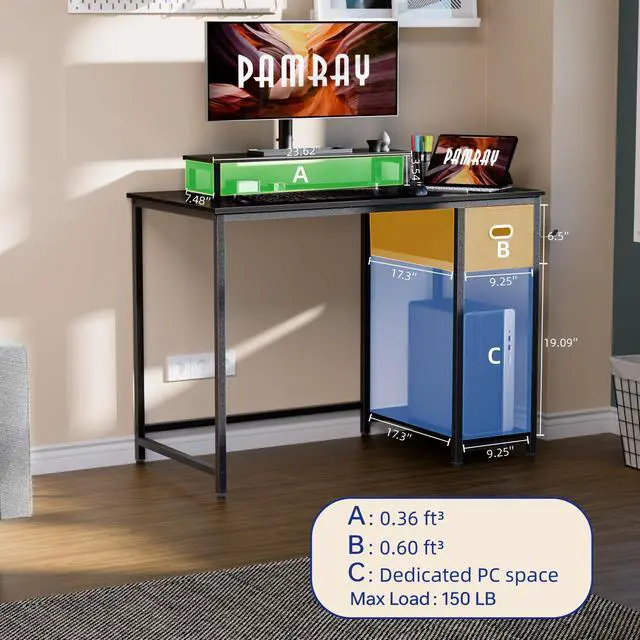 Alt view image 5 of 5 - 39 Inch Computer Desk with Monitor Stand Small Home Office Desks with Non-Woven Storage Drawer for Bedroom Study Table Writing and Work Desk Black