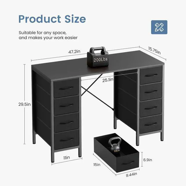 Alt view image 2 of 6 - 47 Inch Computer Desk with 8 Fabric Drawers, Office Gaming Desk with Storage, Writing Study Table with X-Shaped Reinforced Structure, Black