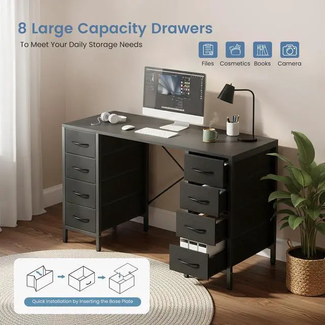 Alt view image 4 of 6 - 47 Inch Computer Desk with 8 Fabric Drawers, Office Gaming Desk with Storage, Writing Study Table with X-Shaped Reinforced Structure, Black
