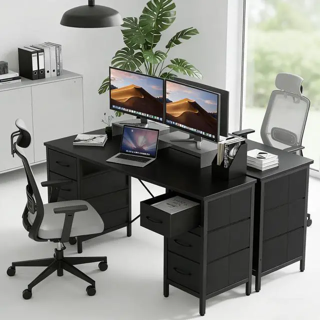 Alt view image 6 of 6 - 47 Inch Computer Desk with 8 Fabric Drawers, Office Gaming Desk with Storage, Writing Study Table with X-Shaped Reinforced Structure, Black
