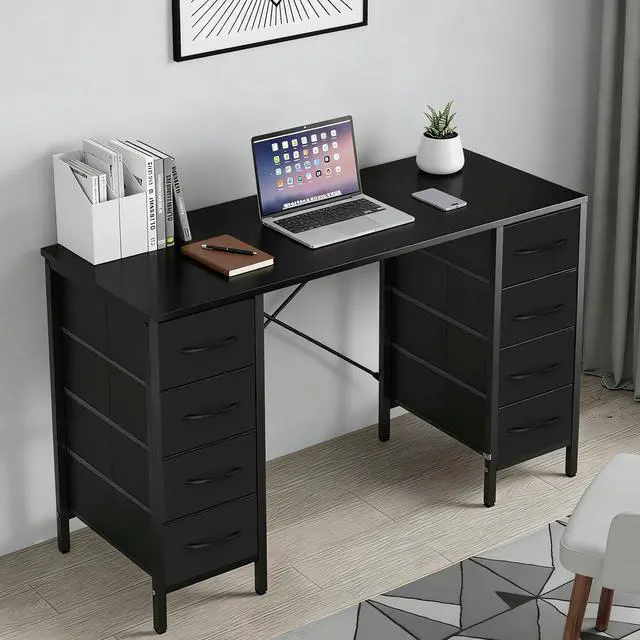 Alt view image 5 of 6 - 47 Inch Computer Desk with 8 Fabric Drawers, Office Gaming Desk with Storage, Writing Study Table with X-Shaped Reinforced Structure, Black