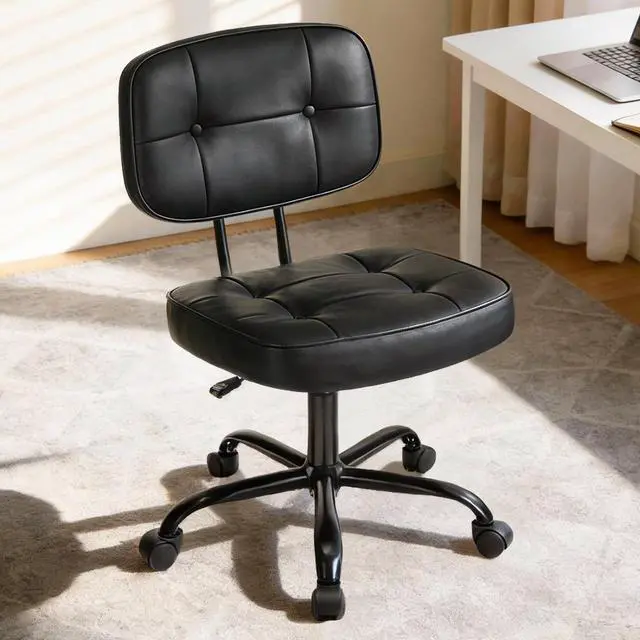 Main image of Home Office Desk Chair - Ergonomic Armless PU Leather Computer Rolling Task Chairwith Comfy Lumbar Support and Height Adjustable, Vanity, Bedroom, Black