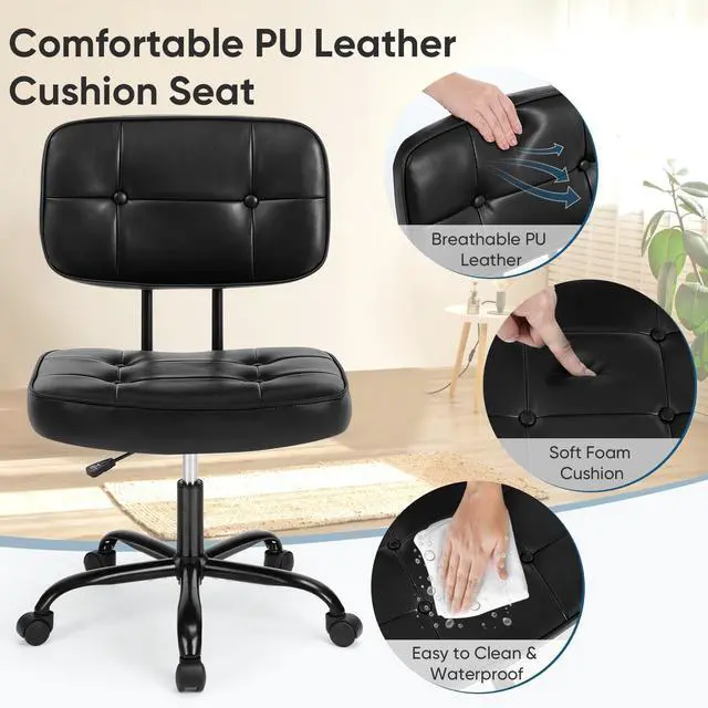 Alt view image 2 of 5 - Home Office Desk Chair - Ergonomic Armless PU Leather Computer Rolling Task Chairwith Comfy Lumbar Support and Height Adjustable, Vanity, Bedroom, Black