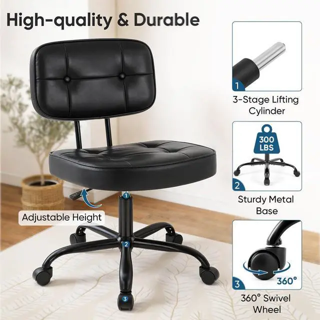 Alt view image 4 of 5 - Home Office Desk Chair - Ergonomic Armless PU Leather Computer Rolling Task Chairwith Comfy Lumbar Support and Height Adjustable, Vanity, Bedroom, Black