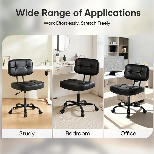 Alt view image 5 of 5 - Home Office Desk Chair - Ergonomic Armless PU Leather Computer Rolling Task Chairwith Comfy Lumbar Support and Height Adjustable, Vanity, Bedroom, Black