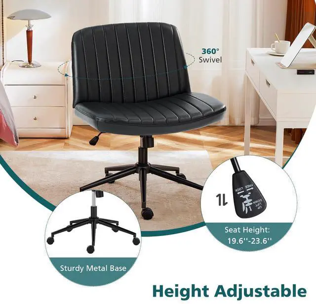 Alt view image 3 of 7 - Criss Cross Chair with Wheels Wide Cross Legged Office Desk Vanity Chair Comfy Fabric Armless Adjustable Swivel for Home Computer Task PU Black