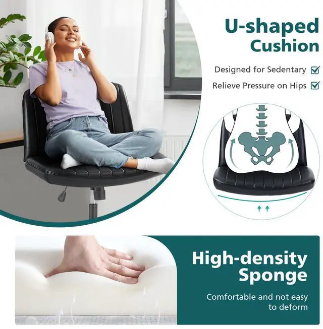 Alt view image 2 of 7 - Criss Cross Chair with Wheels Wide Cross Legged Office Desk Vanity Chair Comfy Fabric Armless Adjustable Swivel for Home Computer Task PU Black