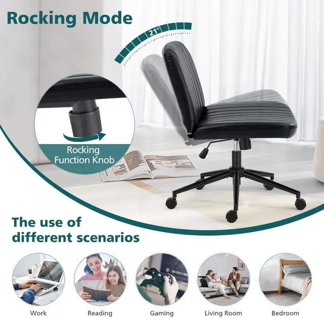 Alt view image 4 of 7 - Criss Cross Chair with Wheels Wide Cross Legged Office Desk Vanity Chair Comfy Fabric Armless Adjustable Swivel for Home Computer Task PU Black