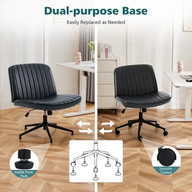 Alt view image 6 of 7 - Criss Cross Chair with Wheels Wide Cross Legged Office Desk Vanity Chair Comfy Fabric Armless Adjustable Swivel for Home Computer Task PU Black