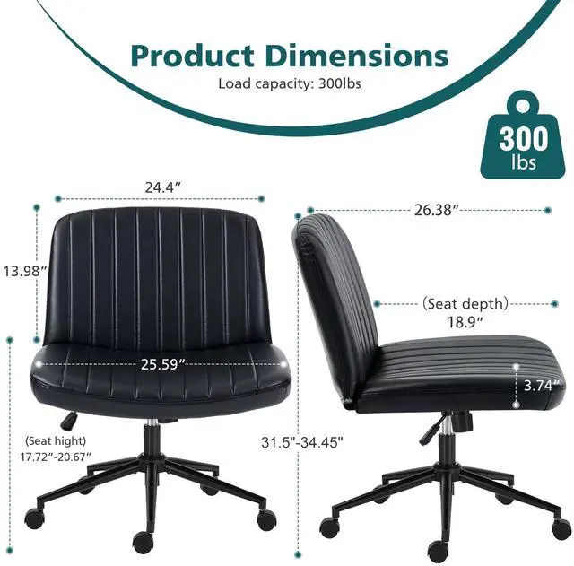 Alt view image 5 of 7 - Criss Cross Chair with Wheels Wide Cross Legged Office Desk Vanity Chair Comfy Fabric Armless Adjustable Swivel for Home Computer Task PU Black