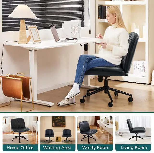 Alt view image 7 of 7 - Criss Cross Chair with Wheels Wide Cross Legged Office Desk Vanity Chair Comfy Fabric Armless Adjustable Swivel for Home Computer Task PU Black