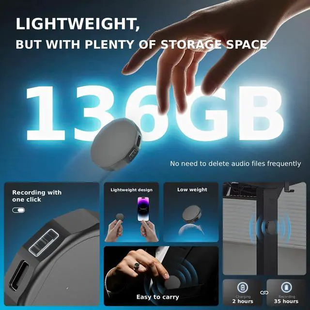 Alt view image 6 of 7 - Magnetic Voice Recorder Digital 136GB DSP5.0 Noise Reduction 9800H Storage Compact Recording Device Voice Activated Recorder for Busines/Meeting/Lecture136GB