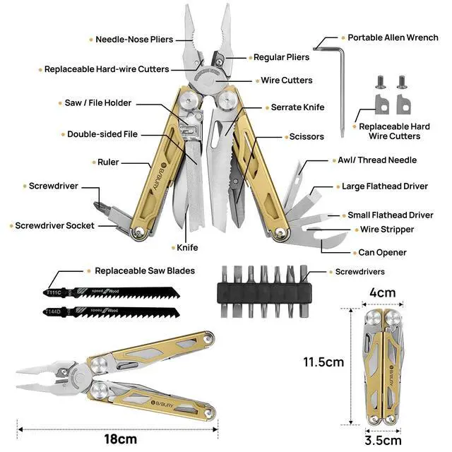 Alt view image 2 of 7 - Multitool Pliers Pro BI2045, 31-in-1 Stainless Steel Multi Tool with Replaceable Wire Cutters and Saw, Foldable Heavy-duty Multitool Set with Scissors and Screwdriver for Hiking Camping Repair