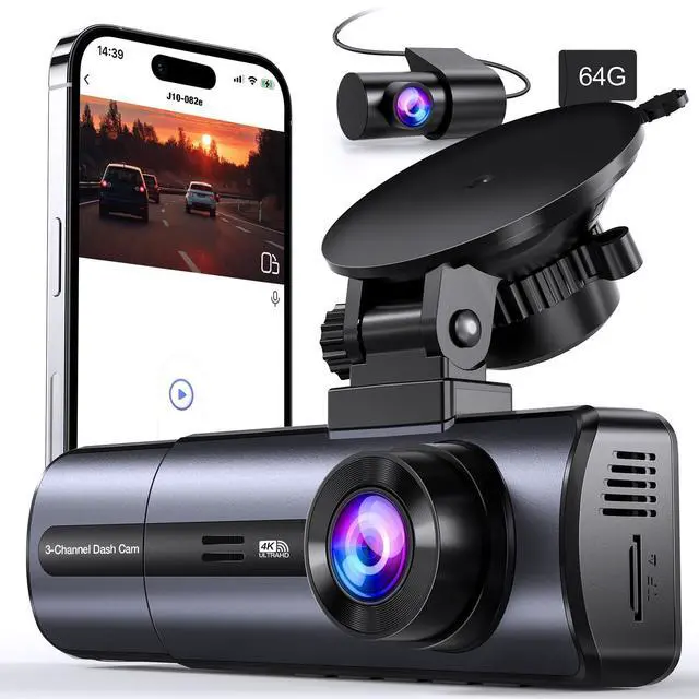 Main image of 3 Channel 4K Dash Cam with 5GHz WiFi & APP Control, 4K/2.5K+1080P+1080P Front Inside and Rear, Triple Dash Camera with 64GB Card, G-Sensor, 24 Hours Parking Mode, Loop Recording, Night Vision