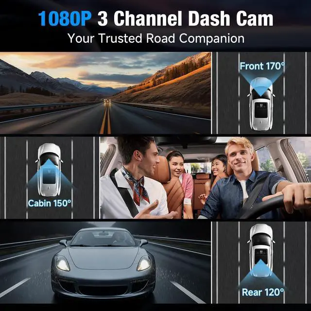 Alt view image 2 of 7 - 3 Channel 4K Dash Cam with 5GHz WiFi & APP Control, 4K/2.5K+1080P+1080P Front Inside and Rear, Triple Dash Camera with 64GB Card, G-Sensor, 24 Hours Parking Mode, Loop Recording, Night Vision