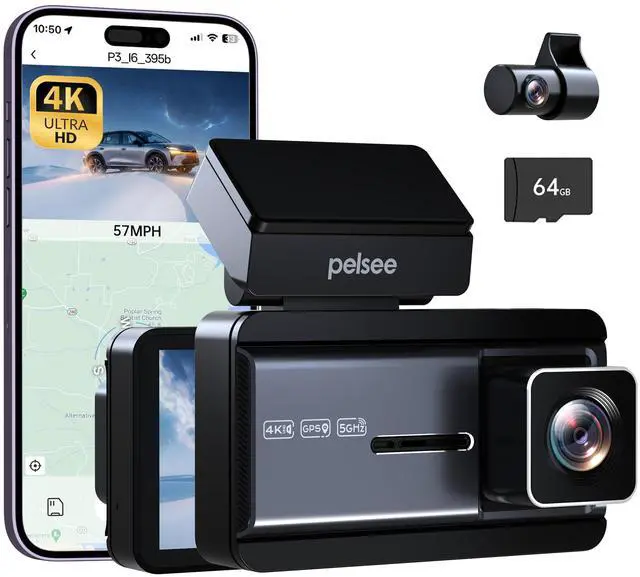 Main image of 4K Dash Cam Front and Rear, 64GB SD Card, Dual Dash Camera for Cars with Wi-Fi, GPS, ADAS, BSD, LCA, 3 IPS Display Car Camera, APP & Voice Control, Night Vision, 24H Parking Mode