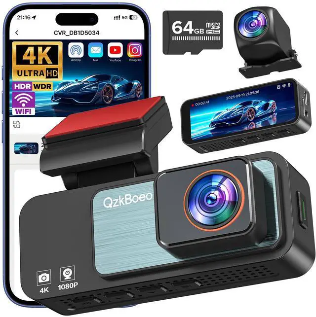 Main image of Dash Camera for Cars Front and Rear, 4K+1080P Dual Dash Cam with 3.2" Full Screen, 64GB Card Included, HDR Night Vision, G-Sensor, Emergency Lock, Parking Monitor, Dual Channel