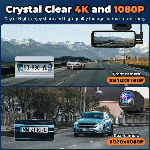 Alt view image 2 of 7 - Dash Camera for Cars Front and Rear, 4K+1080P Dual Dash Cam with 3.2" Full Screen, 64GB Card Included, HDR Night Vision, G-Sensor, Emergency Lock, Parking Monitor, Dual Channel