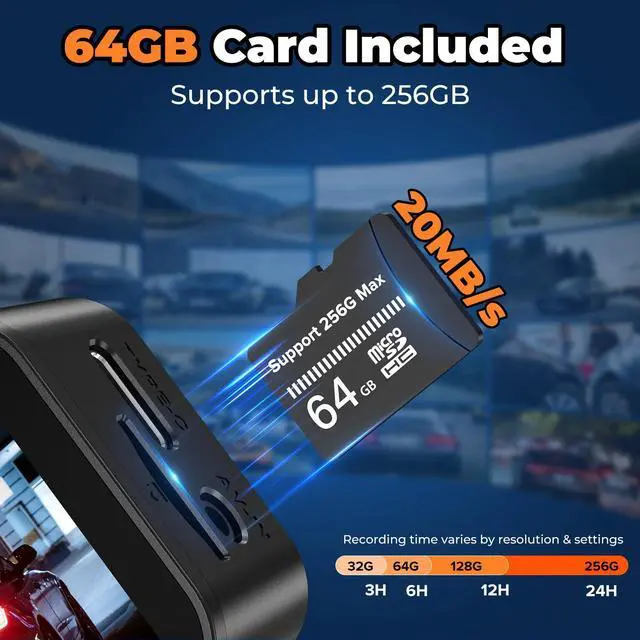 Alt view image 6 of 7 - Dash Camera for Cars Front and Rear, 4K+1080P Dual Dash Cam with 3.2" Full Screen, 64GB Card Included, HDR Night Vision, G-Sensor, Emergency Lock, Parking Monitor, Dual Channel