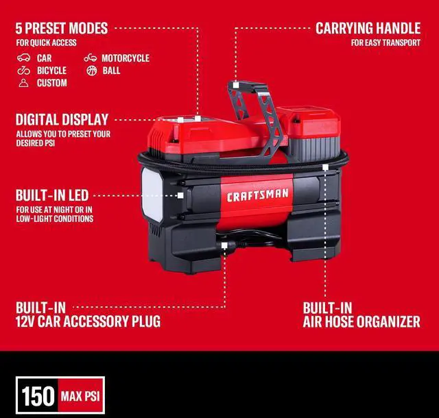 Alt view image 7 of 7 - 12V Portable Tire Inflator, Digital Air Compressor Pump with Gauge & LED Light, 150 PSI Auto Shut-Off, Compact Air Pump for Car, Motorcycle, Bike & Sports Balls