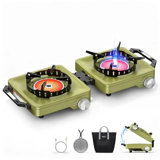 Main image of Propane Camping Stove 2 Burner, 36,000 BTU Infrared & Open Flame Hybrid, Windproof Folding Portable Outdoor Gas Cooking Kit with Frying Pan & Carry Bag For RV, Tailgating, Survival, Green