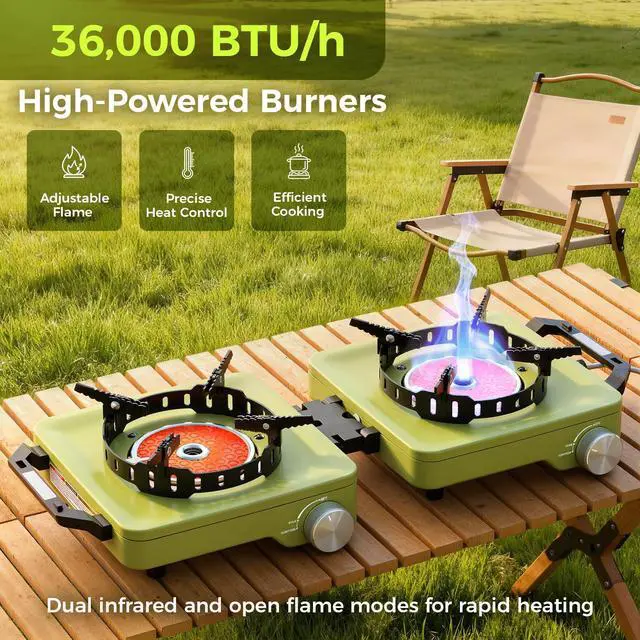 Alt view image 2 of 7 - Propane Camping Stove 2 Burner, 36,000 BTU Infrared & Open Flame Hybrid, Windproof Folding Portable Outdoor Gas Cooking Kit with Frying Pan & Carry Bag For RV, Tailgating, Survival, Green