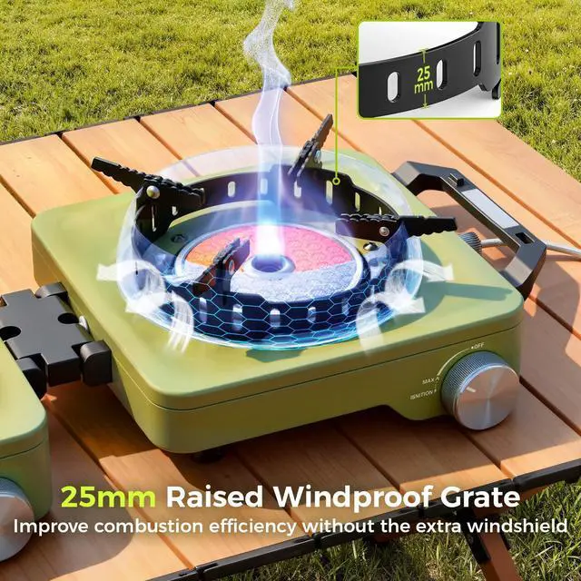 Alt view image 3 of 7 - Propane Camping Stove 2 Burner, 36,000 BTU Infrared & Open Flame Hybrid, Windproof Folding Portable Outdoor Gas Cooking Kit with Frying Pan & Carry Bag For RV, Tailgating, Survival, Green