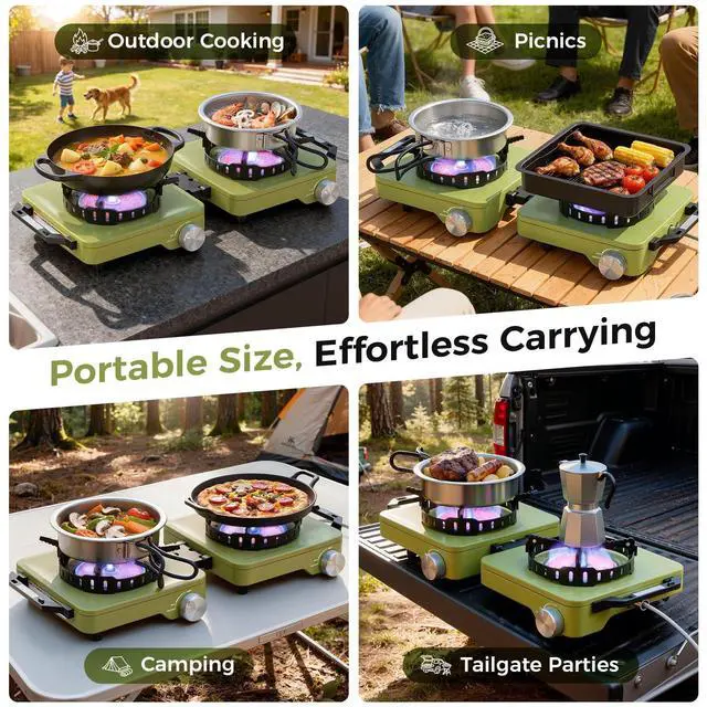 Alt view image 6 of 7 - Propane Camping Stove 2 Burner, 36,000 BTU Infrared & Open Flame Hybrid, Windproof Folding Portable Outdoor Gas Cooking Kit with Frying Pan & Carry Bag For RV, Tailgating, Survival, Green
