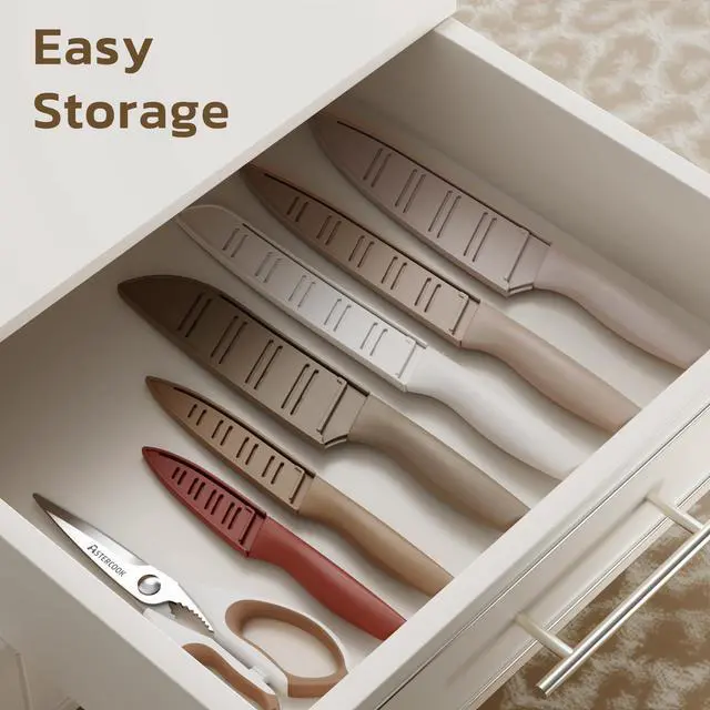 Alt view image 6 of 7 - Knife Set, 13 Pieces Kitchen Knives Set with Healthy Anti-Rust Coating, Dishwasher Safe, Stainless Steel Chef Knife Sets with 6 Blade Guards, Perfect Holiday Gifts for Kitchen