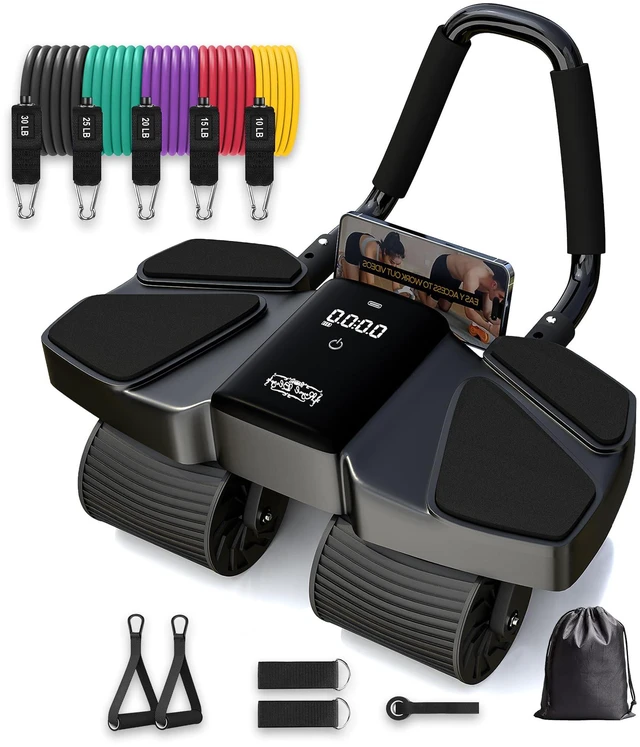 Main image of Ab Roller Home Gym Equipment 4 Wheels Ab Wheel Muscle Roller, 5Pcs Resistance Bands, Ankle Straps, Door Anchor, Handles, Travel Bag Comfortable Elbow Support with Non-Slip Handles