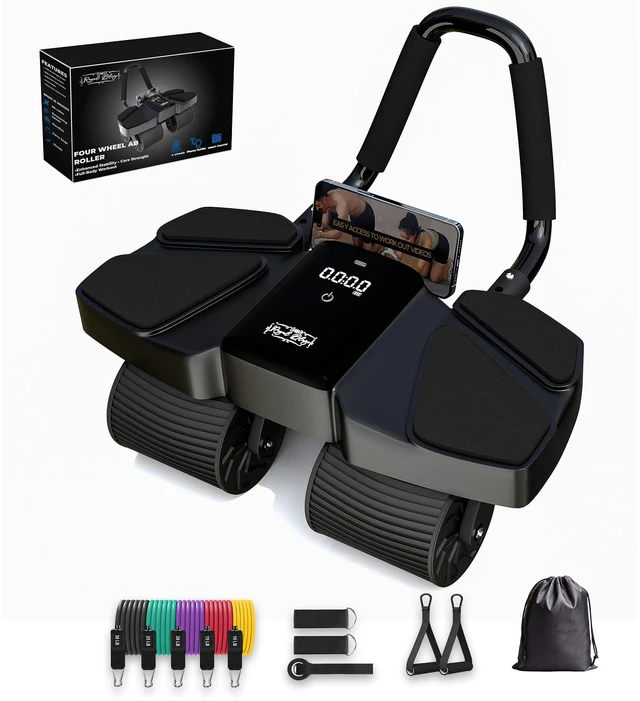 Alt view image 2 of 7 - Ab Roller Home Gym Equipment 4 Wheels Ab Wheel Muscle Roller, 5Pcs Resistance Bands, Ankle Straps, Door Anchor, Handles, Travel Bag Comfortable Elbow Support with Non-Slip Handles