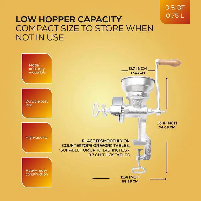 Alt view image 5 of 7 - Corona Corn Grinder with Low Hopper, Grain Mill, Manual Grinder For Corn, Rice, Soybeans, Pepper, Chickpeas, Cast Iron Wheat Grinder For Domestic Use