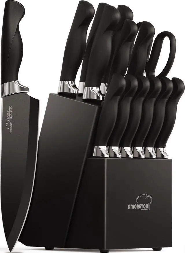Main image of Knife Set, 15 Pieces Kitchen Knives Set with Block and Built in Sharpener, Dishwasher Safe Knife Block Set, German Stainless Steel Knife Block Set for Home Kitchen Gifts, Black