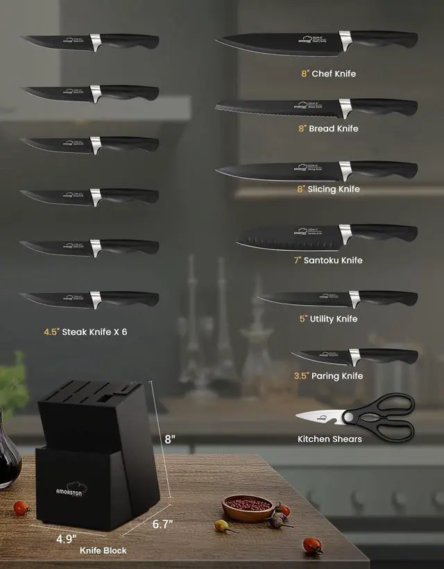 Alt view image 6 of 7 - Knife Set, 15 Pieces Kitchen Knives Set with Block and Built in Sharpener, Dishwasher Safe Knife Block Set, German Stainless Steel Knife Block Set for Home Kitchen Gifts, Black