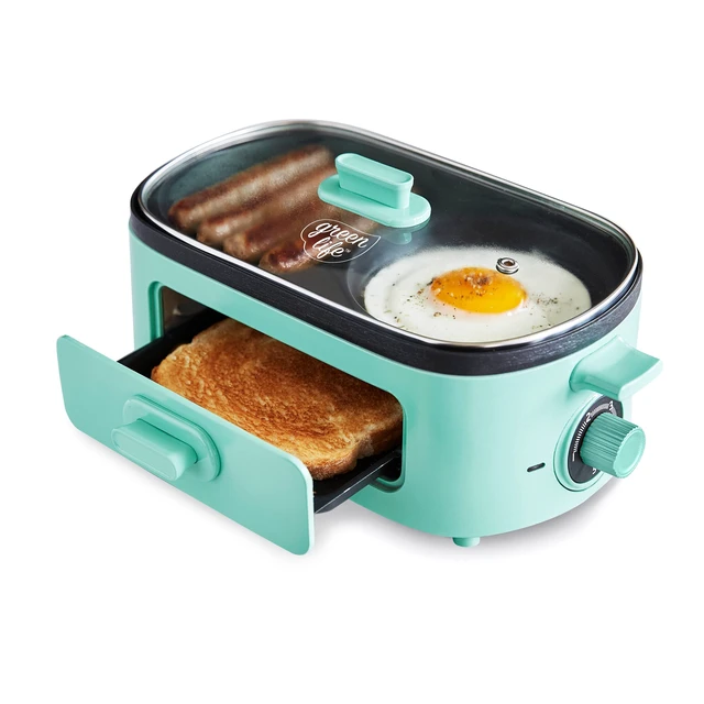 Main image of 3-in-1 Breakfast Maker Station, Healthy Ceramic Nonstick Dual Griddles for Eggs Meat Sausage Bacon Pancakes and Breakfast Sandwiches, 2 Slice Toast Drawer, Easy-to-use Timer, Turquoise